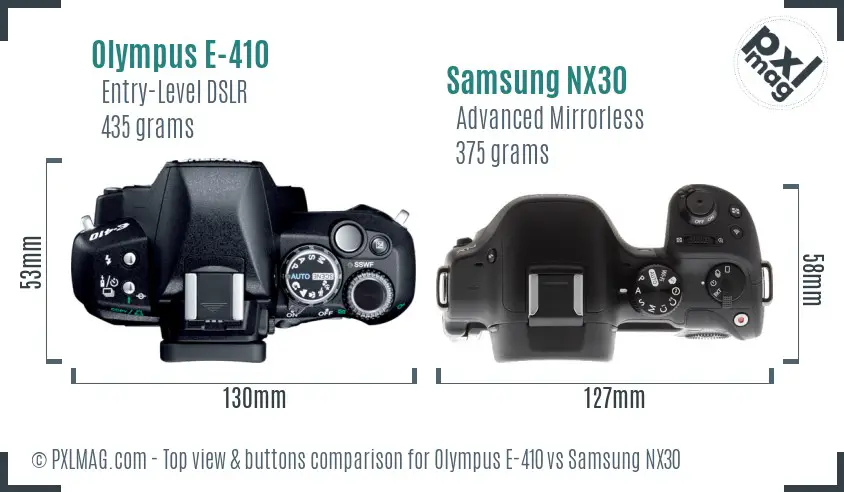 Olympus E-410 vs Samsung NX30 top view buttons comparison