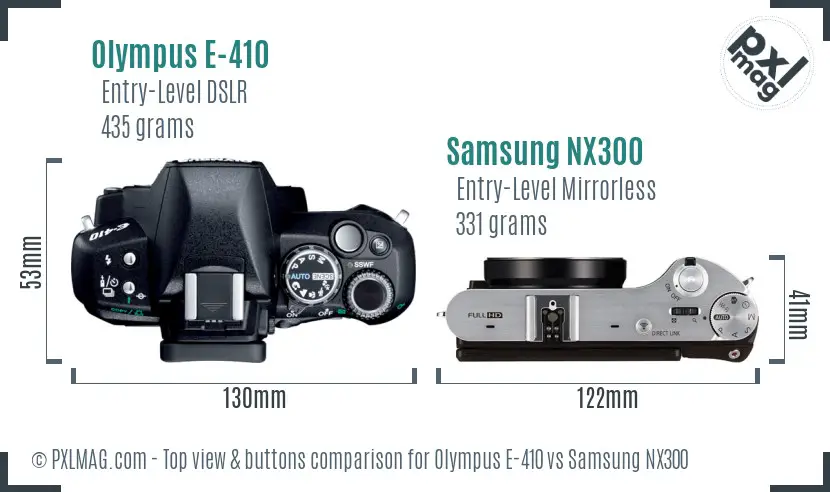 Olympus E-410 vs Samsung NX300 top view buttons comparison