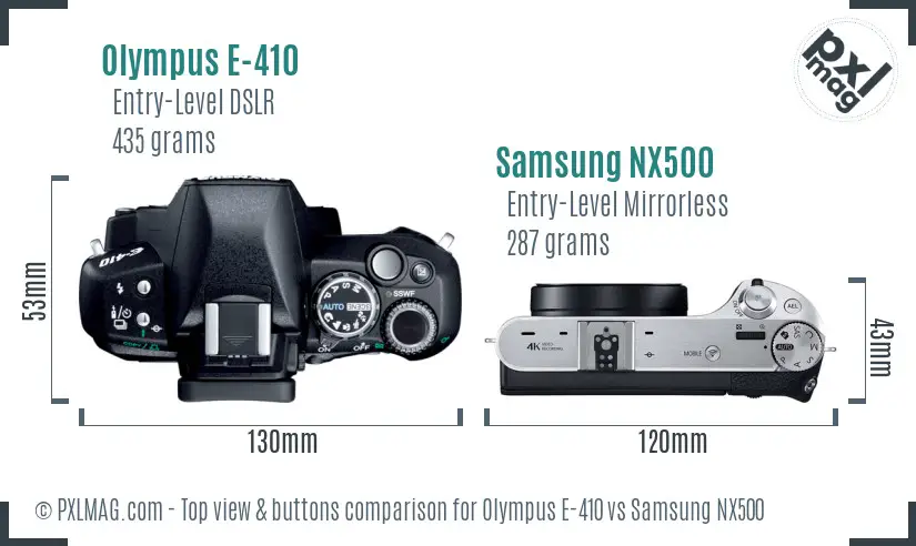 Olympus E-410 vs Samsung NX500 top view buttons comparison Olympus E-410 vs Samsung NX500 top view buttons comparison