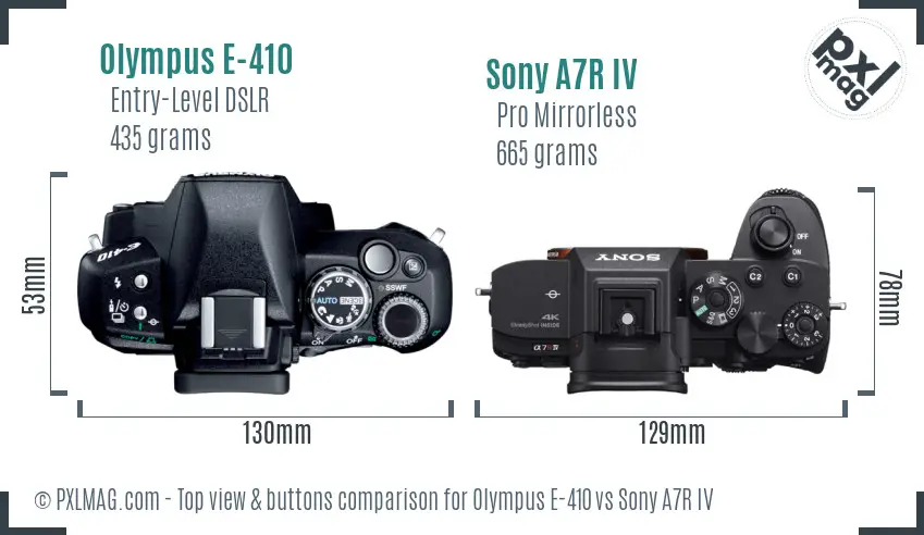 Olympus E-410 vs Sony A7R IV top view buttons comparison