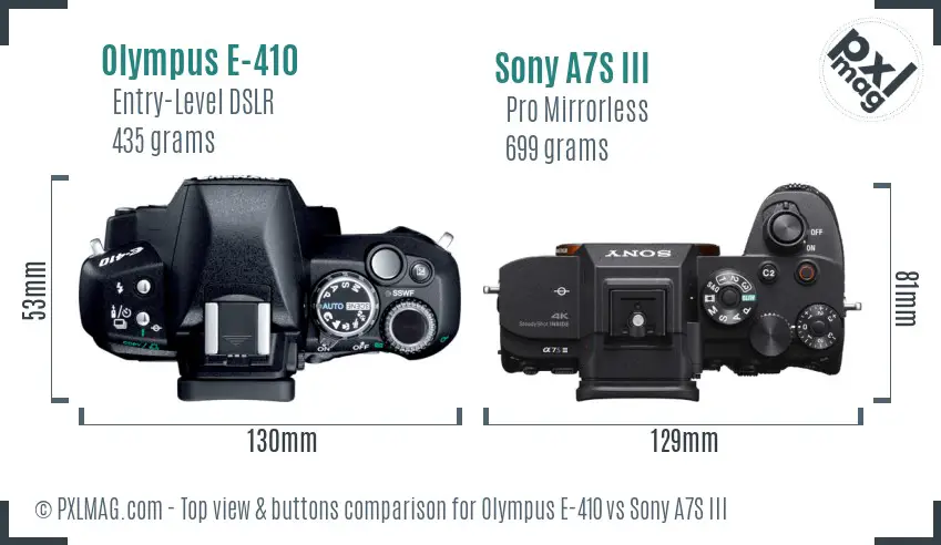 Olympus E-410 vs Sony A7S III top view buttons comparison