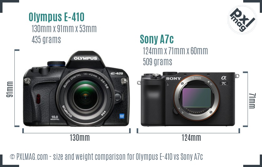 Olympus E-410 vs Sony A7c size comparison