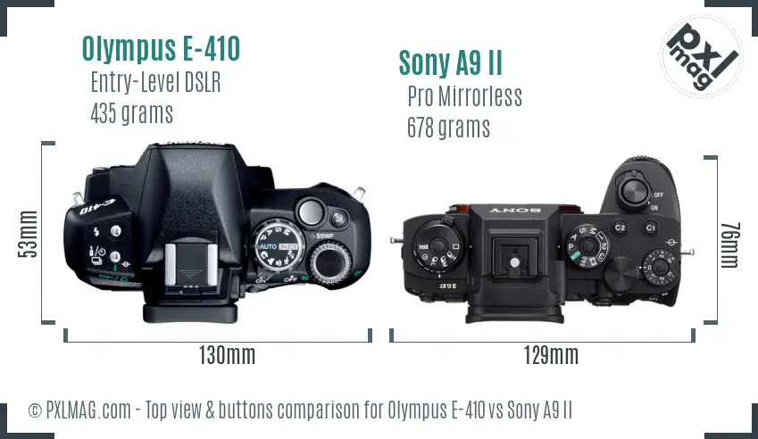 Olympus E-410 vs Sony A9 II top view buttons comparison