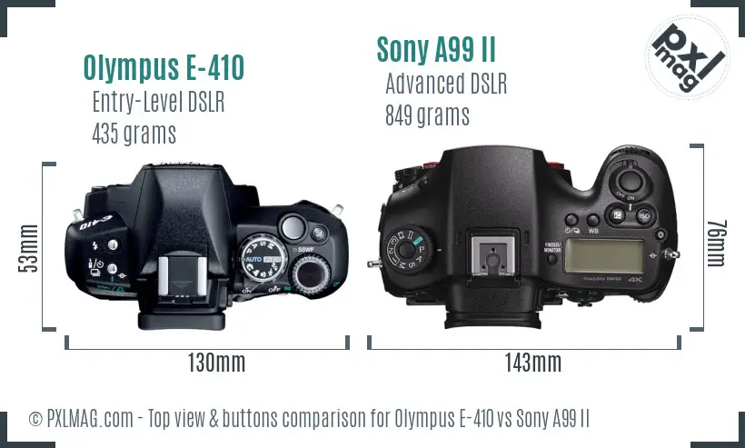 Olympus E-410 vs Sony A99 II top view buttons comparison