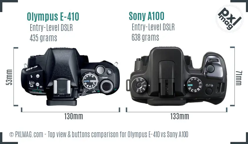 Olympus E-410 vs Sony A100 top view buttons comparison