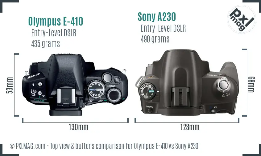 Olympus E-410 vs Sony A230 top view buttons comparison