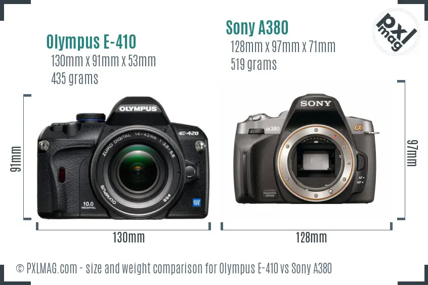 Olympus E-410 vs Sony A380 size comparison