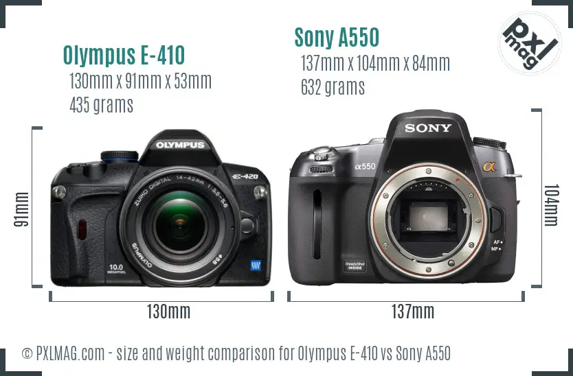 Olympus E-410 vs Sony A550 size comparison