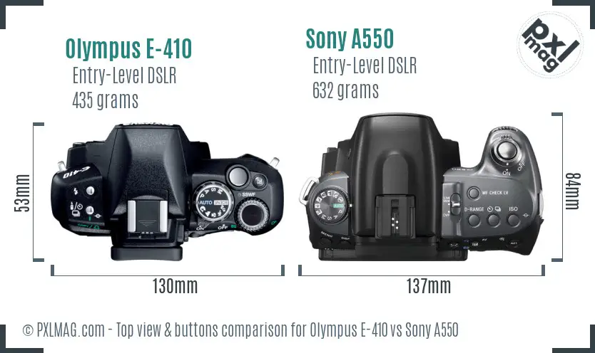 Olympus E-410 vs Sony A550 top view buttons comparison
