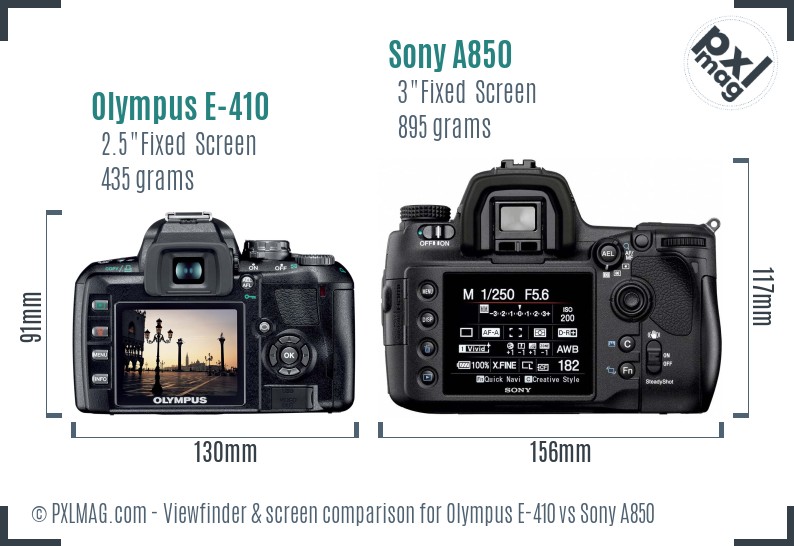 Olympus E-410 vs Sony A850 Screen and Viewfinder comparison