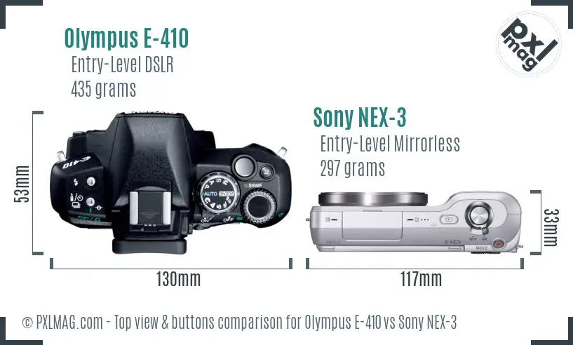 Olympus E-410 vs Sony NEX-3 top view buttons comparison Olympus E-410 vs Sony NEX-3 top view buttons comparison