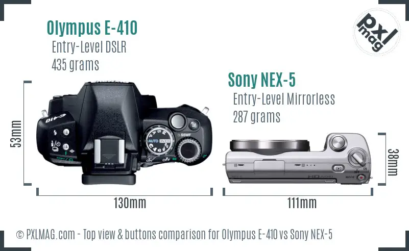 Olympus E-410 vs Sony NEX-5 top view buttons comparison