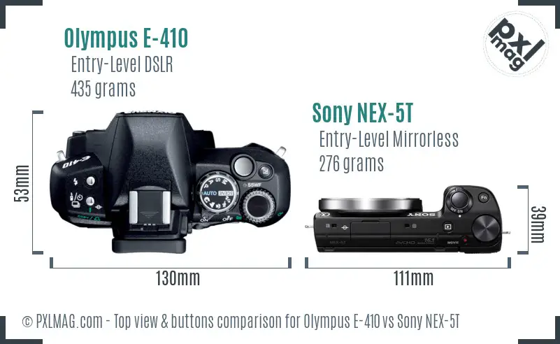 Olympus E-410 vs Sony NEX-5T top view buttons comparison