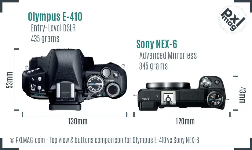 Olympus E-410 vs Sony NEX-6 top view buttons comparison