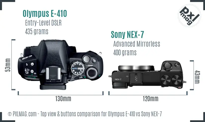 Olympus E-410 vs Sony NEX-7 top view buttons comparison
