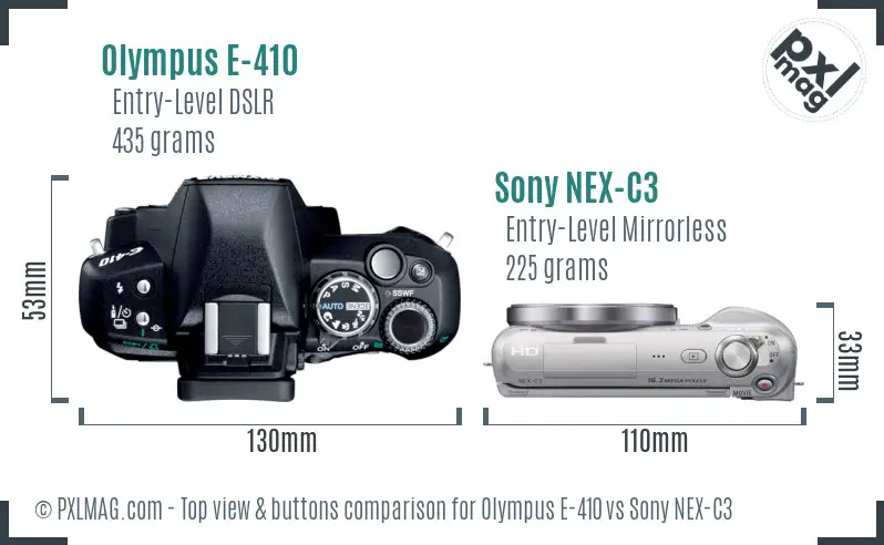 Olympus E-410 vs Sony NEX-C3 top view buttons comparison