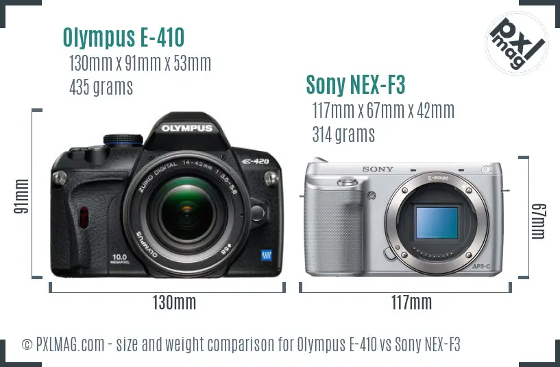 Olympus E-410 vs Sony NEX-F3 size comparison