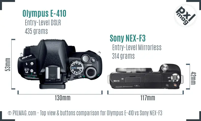 Olympus E-410 vs Sony NEX-F3 top view buttons comparison