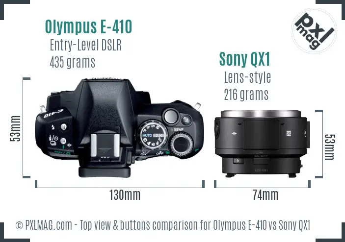 Olympus E-410 vs Sony QX1 top view buttons comparison
