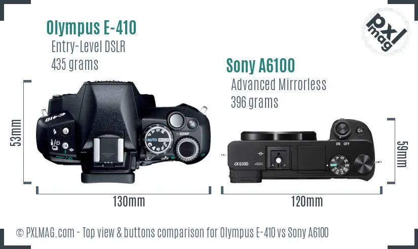Olympus E-410 vs Sony A6100 top view buttons comparison