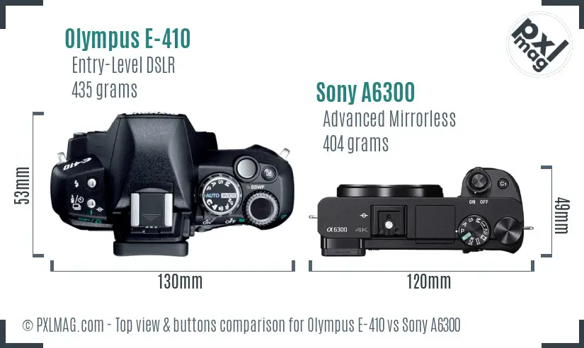 Olympus E-410 vs Sony A6300 top view buttons comparison