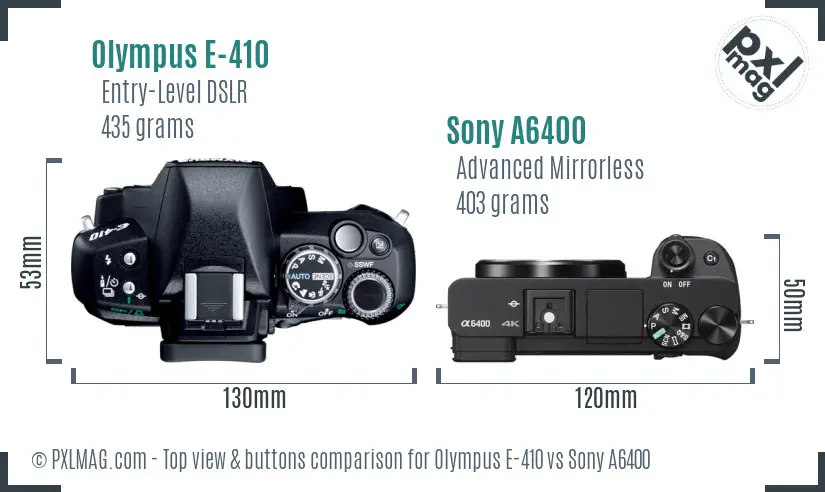 Olympus E-410 vs Sony A6400 top view buttons comparison Olympus E-410 vs Sony A6400 top view buttons comparison