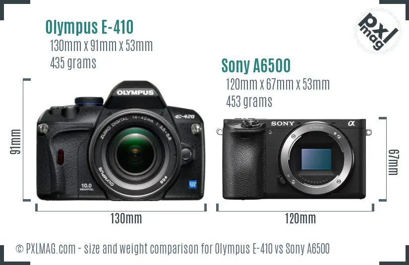 Olympus E-410 vs Sony A6500 size comparison