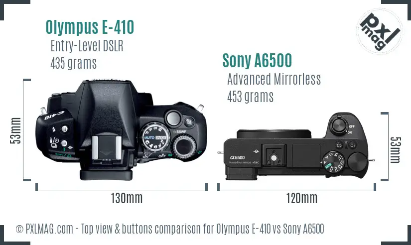 Olympus E-410 vs Sony A6500 top view buttons comparison