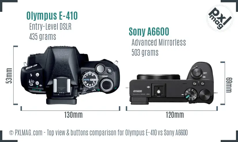 Olympus E-410 vs Sony A6600 top view buttons comparison Olympus E-410 vs Sony A6600 top view buttons comparison