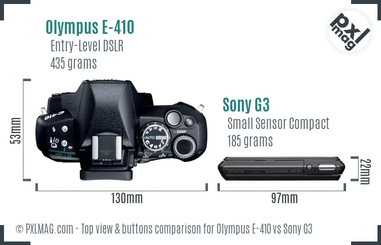 Olympus E-410 vs Sony G3 top view buttons comparison