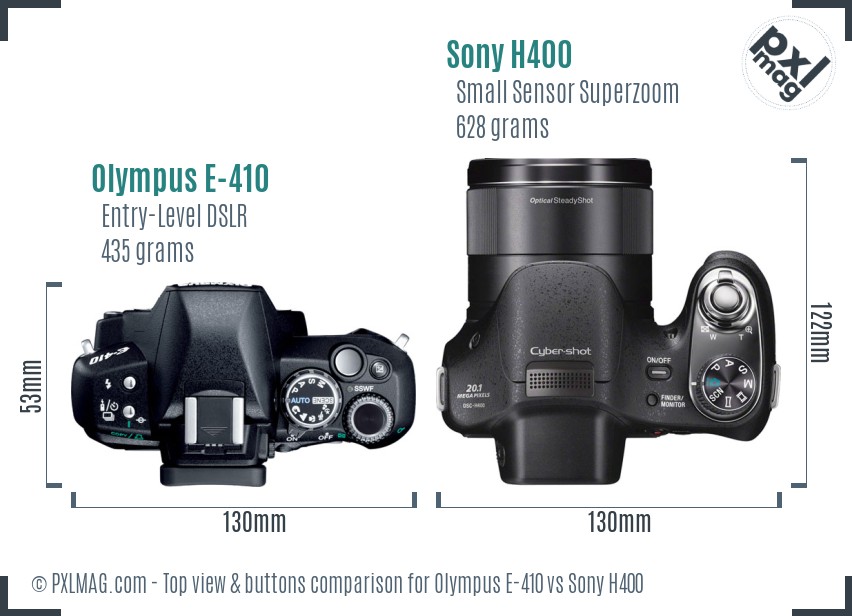 Olympus E-410 vs Sony H400 top view buttons comparison