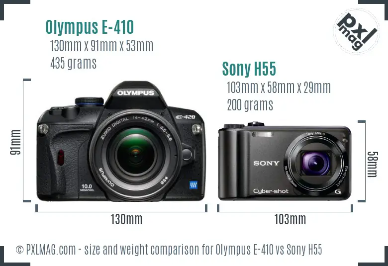 Olympus E-410 vs Sony H55 size comparison