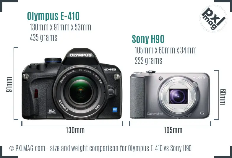 Olympus E-410 vs Sony H90 size comparison