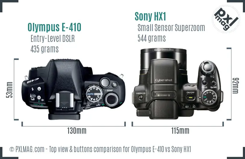 Olympus E-410 vs Sony HX1 top view buttons comparison