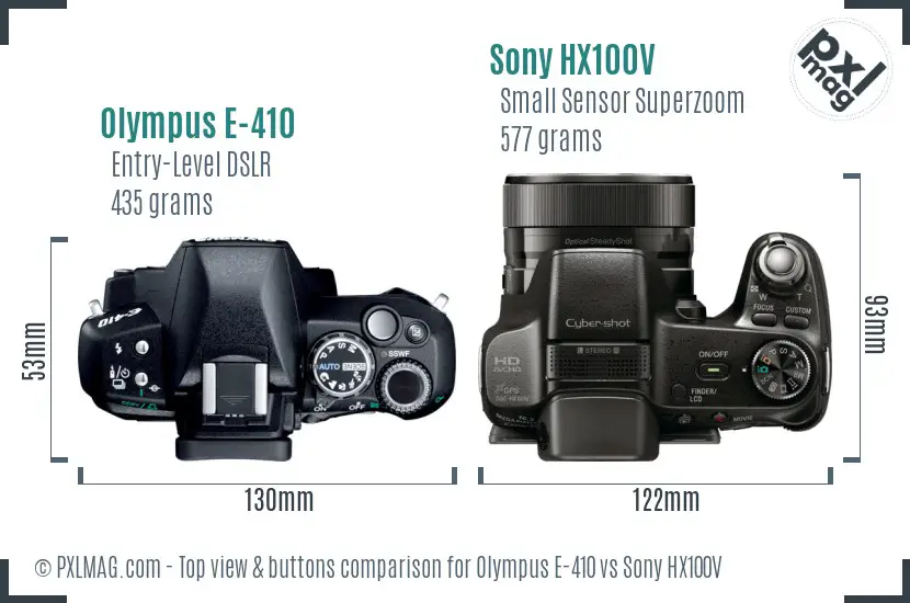 Olympus E-410 vs Sony HX100V top view buttons comparison