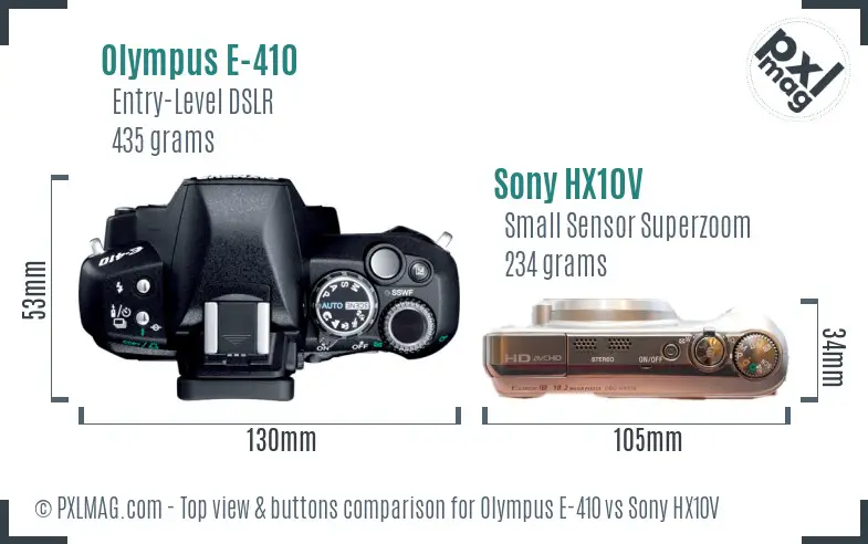 Olympus E-410 vs Sony HX10V top view buttons comparison