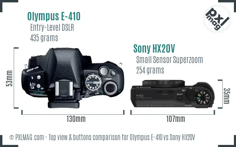 Olympus E-410 vs Sony HX20V top view buttons comparison