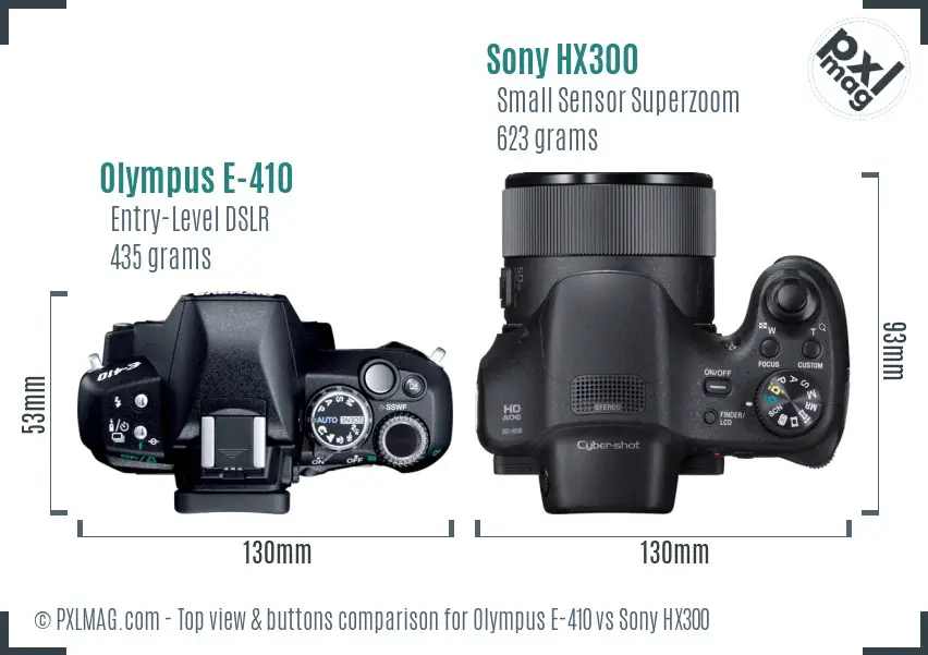 Olympus E-410 vs Sony HX300 top view buttons comparison
