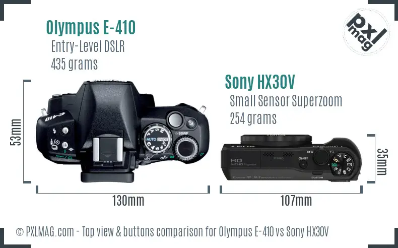 Olympus E-410 vs Sony HX30V top view buttons comparison