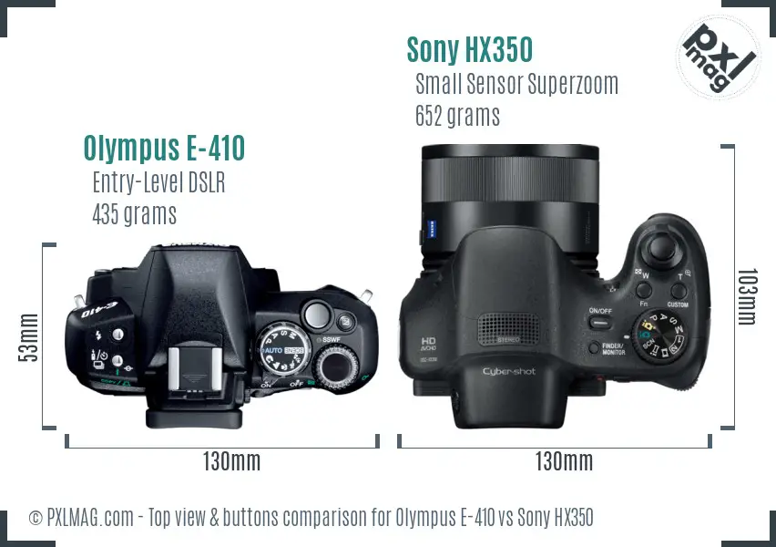 Olympus E-410 vs Sony HX350 top view buttons comparison