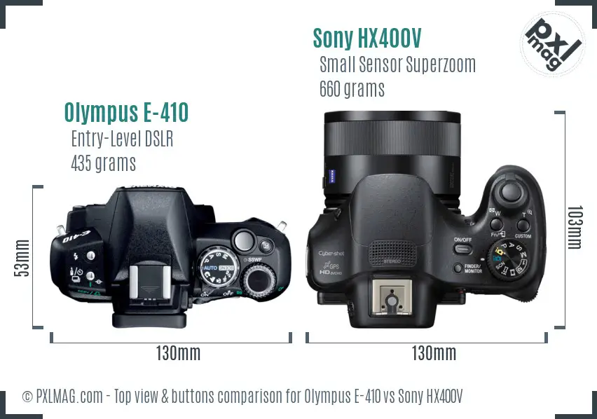 Olympus E-410 vs Sony HX400V top view buttons comparison