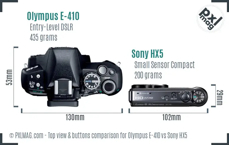 Olympus E-410 vs Sony HX5 top view buttons comparison