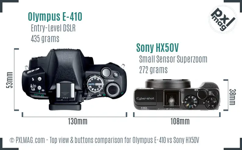 Olympus E-410 vs Sony HX50V top view buttons comparison