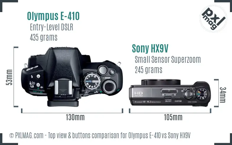 Olympus E-410 vs Sony HX9V top view buttons comparison