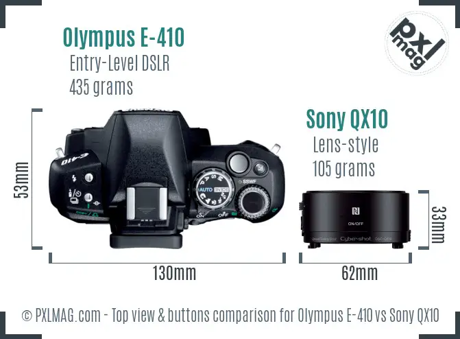 Olympus E-410 vs Sony QX10 top view buttons comparison