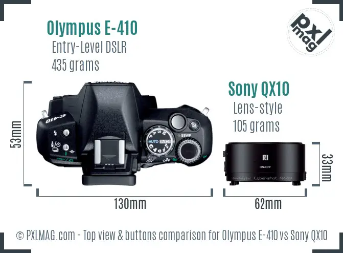 Olympus E-410 vs Sony QX10 top view buttons comparison Olympus E-410 vs Sony QX10 top view buttons comparison