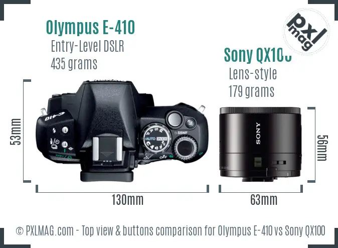 Olympus E-410 vs Sony QX100 top view buttons comparison