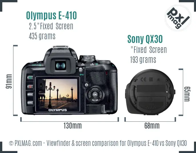 Olympus E-410 vs Sony QX30 Screen and Viewfinder comparison
