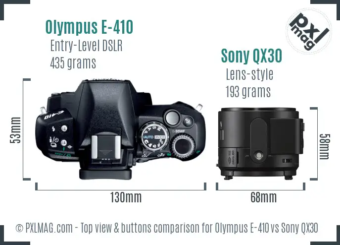 Olympus E-410 vs Sony QX30 top view buttons comparison