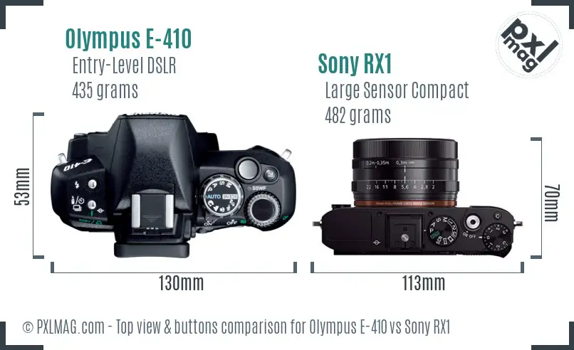 Olympus E-410 vs Sony RX1 top view buttons comparison
